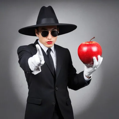anime artwork of <lora:spy vs spy style:1>
black vs white a painting of a person in a hat holding a red apple bomb spy vs spy style,solo,gloves,long sleeves,1boy,hat,holding,bomb,male focus,food,white gloves,fruit,sunglasses,suit,holding bomb,bomb, cartoon, anime, funny, anime style, key visual, vibrant, studio anime, highly detailed
