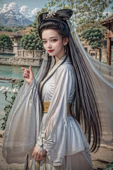 <(realistic:1.3), (photorealistic:1.4), best quality, masterpiece, ultra high res, finely detailed, quality, detailed background, detailed face, realistic lighting, photograph, (masterpiece:1.2), (photorealistic:1.2), (best quality), (detailed skin:1.3), (intricate details), raw photo>, BREAK, 1girl, solo, looking at viewer, 21 years old, korean cute girl, earrings, jewelry, realistic, portrait, lips, nose, long hair, brown hair, medium breasts, (warm smile, smile, cute smile, smiling, happy expression, blush, Pink lips, Pink lip colour, closed mouth, blue eyes, light smile, Happy, Proud:1.1),(at Dawn, at Golden hour, at Sunrise, Clear skies, Meadow, Sun, Clouds, Starlight, River, Bridge, Bamboo, Autumn, Spring, Serenity, Walking trail:1.2), brilliant colors, (explosive light and shadow:1.2), (hand of Guido Daniele:1.4), (Baisuzhen, white hanfu, veil, (((Willow leaf))), ((floral background)), lake, boat, sky, sexy, slim, light particles, wallpaper, chromatic aberration:1.4), (A scene of a waterfall cascading down a high cliff amongst lush greenery, adorned by vibrant flowers, towering pines, and delicate bamboo groves, sakura, beautiful view, lush green mountains, winding rivers, misty atmosphere, solitary, intricate details, delicate features, verdant trees, blooming flowers, soft moss, deep forest, intricate leaves and vines, wisps of light, still pool of water, pristine, verdant green, A picturesque scene of a waterfall cascading down a high cliff amongst lush greenery, adorned by vibrant flowers, towering pines, and delicate bamboo groves:1.4), (goddess women, aura, most beautiful artwork in the world, atmosphere:1.2), (depth of field:1.4), (palace, a girl in hanfu, mountain, river, old tree, ornaments detailed, traditional clothes, water, chinese clothes, sash, tree, petals, hair ornament, floating hair, falling petals, flower, chinese traditional architecture, ancient art, chinese style, Chinese, lake background, chinese buildings, misty lake, ancient chinese background, after the rain, wet grass and trees, waterfall, flying splashes, flying petals, leaves, bloom, bloom effect, surrounded by heavy floating petal flow, petal, leaves falling from the tree, mountainous backdrop, authentic cultural experience, quiet whispers, hushed conversations, tranquil silence, crisp air, soulful melodies, a sense of belonging, bonding with nature, quiet reflection:1.3), (mountain background, forest, river in background, water reflection:1.3), (long legs:1.3), (impactful picture, joshua middleton comic cover art, hypermaximalist, instagram contest winner, fashion color scheme, trending on cgsociety, playful illustrations, imaginative overlays, artistic fusion, fantastical scenes, evocative narratives, striking visuals:1.3), (Glowing ambiance, enchanting radiance, luminous lighting, ethereal atmosphere, mesmerizing glow, evocative hues, captivating coloration, enchanting aura, melanchonic soft light, photorealistic faces:1.4), (floating hair, bloom, bloom effect, random patterns, energetic movement, bold colors, dynamic texture, spontaneous creativity:1.2), (outdoors, landscape, breeze, ethereal, scenery, nature, wind:1.2), (colorful refraction, iridescent colors, Iridescence:1.2), (Luminescent Particles:1.3), (eye focus, face focus, character focus, close-up face:1.3), (dynamic pose, dynamic angle, dutch angle, cowboy shot:1.4), official art, ultra detailed, beautiful and aesthetic, beautiful, (zentangle, mandala, tangle, entangle), (ecstasy of flower:1.2), the most beautiful form of chaos, elegant, a brutalist designed, vivid colours, romanticism, atmospheric, (full body:1.1), warm tone, soft light, (narrow waist:1.4), dynamic pose, reflection, (refraction:1.4), (hyperrealism:1.4), BREAK, <film grain, film, F/1.8, made of Bone, delicate, unreal engine, artstation, anime key visual, Ultrarealistic, Peaceful, Hopeful, Kodak Ektar, 80mm, Neoclassicism, rim light, Selective focus, Detailed illustration, Lens Flare, short lighting, Cinestill, behance HD, layered textures, sketch, moody lighting, Oversaturated, overlapping compositions, Vaporwave Art, Rembrandt lighting, extremely detailed CG Unity 8k wallpaper, Velvia, dramatic lighting, Accent lighting, Lomography, specular lighting, Screen print, Technicolor, opulent, contest winner, hair light, hearthstone artwork, cinematic, absurdres, dramatic, ray tracing, Polaroid, Instagram, broad lighting, film camera, Circular polarizer, UHD, dslr, Sony A7, Kodak gold 200, Flickr, drawing, close up, Nikon D5, ultra sharp, key visual, surreal, PBR Texturing, Anisotropic Filtering, Albedo And Specular Maps, Multi-Layered Textures, Surface Shading, Sub-Pixel Convolution, Accurate Simulation Of Light-Material Interaction, blurry foreground, volumetric light effect, perfectly defined features, volumetric lighting, Tone Mapping, Lumen Reflections, Global illumination, Ray Tracing, Screen Space Global Illumination, Accent Lighting, 32k, Natural Lighting, volumetric, Rule of thirds, high dynamic range, Multi-exposure HDR capture, atmospheric perspective, 4k textures, professional color grading, professional color correction, aerial perspective, dynamic lighting, sharp details, bold hues, atmospheric depth, aesthetics, intricate designs, ultra realistic digital art, (fractal art), elegant, vivid colours, floating particles, particles, epic, (ink drawing, oil painting detailed), huge filesize, 8k uhd, trending on artstation, award-winning glamour photograph, highly detailed photo, Amazing, analog, digital painting, concept art, Oil Painting, illustration, Classical art, Renaissance, Romanticism, Neoclassicism, Color Palette, depth and contrast, Vibrant colors, saturated, rich saturation, color harmony, vivid palette, concept-art, design style, detail character, concept render, colorful, analog photography, dreamy atmosphere, specular highlights, atmospheric lighting, (shiny, clothes reflecting light, lens flare, bloom effect, light particle, lens glare:1.3), realistic light, realistic lighting, light in the face, soft lighting, saturated colors, detailed background, sharp focus, 8k high definition, perspective, Master Composition, roughness, post-processing, soft shadows, realistic shadows, ambient occlusion, ray-tracing, subsurface scattering, photon mapping, physically-based rendering, octane rendering, unreal engine 5, ue5 rendering, Adobe After FX, dslr, RTX, Best character details, radiosity, sharp, antialiased, (((Photographed by Roger Deakins, using a RED Monstro 8K VV camera))), ((Hasselblad photography)), ((Fujifilm X-T5)), professional photograph, diffuse lighting, two tone lighting, high resolution scan, professionally color graded, photographic reality, automatic white balance, best lighting, detailed shadow, high contrast>, BREAK, (PureErosFace_V1:0.4), (ulzzang-6500:0.6), <lora:epiNoiseoffset_v3:2>, <lora:add_detail:0.6>, <lora:hipoly_3dcg_v7-epoch-000012:0.6>, (kbxll:0.6), <lora:more_details:0.6>, <lora:Baisuzhen_v1:0.8>, <lora:GoodHands-beta2:1>