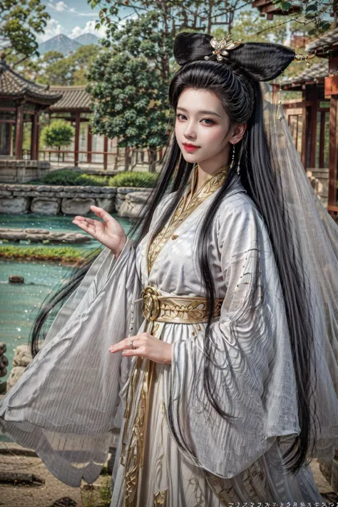 <(realistic:1.3), (photorealistic:1.4), best quality, masterpiece, ultra high res, finely detailed, quality, detailed background, detailed face, realistic lighting, photograph, (masterpiece:1.2), (photorealistic:1.2), (best quality), (detailed skin:1.3), (intricate details), raw photo>, BREAK, 1girl, solo, looking at viewer, 21 years old, korean cute girl, earrings, jewelry, realistic, portrait, lips, nose, long hair, brown hair, medium breasts, (warm smile, smile, cute smile, smiling, happy expression, blush, Pink lips, Pink lip colour, closed mouth, blue eyes, light smile, Happy, Proud:1.1),(at Dawn, at Golden hour, at Sunrise, Clear skies, Meadow, Sun, Clouds, Starlight, River, Bridge, Bamboo, Autumn, Spring, Serenity, Walking trail:1.2), brilliant colors, (explosive light and shadow:1.2), (hand of Guido Daniele:1.4), (Baisuzhen, white hanfu, veil, (((Willow leaf))), ((floral background)), lake, boat, sky, sexy, slim, light particles, wallpaper, chromatic aberration:1.4), (A scene of a waterfall cascading down a high cliff amongst lush greenery, adorned by vibrant flowers, towering pines, and delicate bamboo groves, sakura, beautiful view, lush green mountains, winding rivers, misty atmosphere, solitary, intricate details, delicate features, verdant trees, blooming flowers, soft moss, deep forest, intricate leaves and vines, wisps of light, still pool of water, pristine, verdant green, A picturesque scene of a waterfall cascading down a high cliff amongst lush greenery, adorned by vibrant flowers, towering pines, and delicate bamboo groves:1.4), (goddess women, aura, most beautiful artwork in the world, atmosphere:1.2), (depth of field:1.4), (palace, a girl in hanfu, mountain, river, old tree, ornaments detailed, traditional clothes, water, chinese clothes, sash, tree, petals, hair ornament, floating hair, falling petals, flower, chinese traditional architecture, ancient art, chinese style, Chinese, lake background, chinese buildings, misty lake, ancient chinese background, after the rain, wet grass and trees, waterfall, flying splashes, flying petals, leaves, bloom, bloom effect, surrounded by heavy floating petal flow, petal, leaves falling from the tree, mountainous backdrop, authentic cultural experience, quiet whispers, hushed conversations, tranquil silence, crisp air, soulful melodies, a sense of belonging, bonding with nature, quiet reflection:1.3), (mountain background, forest, river in background, water reflection:1.3), (long legs:1.3), (impactful picture, joshua middleton comic cover art, hypermaximalist, instagram contest winner, fashion color scheme, trending on cgsociety, playful illustrations, imaginative overlays, artistic fusion, fantastical scenes, evocative narratives, striking visuals:1.3), (Glowing ambiance, enchanting radiance, luminous lighting, ethereal atmosphere, mesmerizing glow, evocative hues, captivating coloration, enchanting aura, melanchonic soft light, photorealistic faces:1.4), (floating hair, bloom, bloom effect, random patterns, energetic movement, bold colors, dynamic texture, spontaneous creativity:1.2), (outdoors, landscape, breeze, ethereal, scenery, nature, wind:1.2), (colorful refraction, iridescent colors, Iridescence:1.2), (Luminescent Particles:1.3), (eye focus, face focus, character focus, close-up face:1.3), (dynamic pose, dynamic angle, dutch angle, cowboy shot:1.4), official art, ultra detailed, beautiful and aesthetic, beautiful, (zentangle, mandala, tangle, entangle), (ecstasy of flower:1.2), the most beautiful form of chaos, elegant, a brutalist designed, vivid colours, romanticism, atmospheric, (full body:1.1), warm tone, soft light, (narrow waist:1.4), dynamic pose, reflection, (refraction:1.4), (hyperrealism:1.4), BREAK, <film grain, film, F/1.8, made of Bone, delicate, unreal engine, artstation, anime key visual, Ultrarealistic, Peaceful, Hopeful, Kodak Ektar, 80mm, Neoclassicism, rim light, Selective focus, Detailed illustration, Lens Flare, short lighting, Cinestill, behance HD, layered textures, sketch, moody lighting, Oversaturated, overlapping compositions, Vaporwave Art, Rembrandt lighting, extremely detailed CG Unity 8k wallpaper, Velvia, dramatic lighting, Accent lighting, Lomography, specular lighting, Screen print, Technicolor, opulent, contest winner, hair light, hearthstone artwork, cinematic, absurdres, dramatic, ray tracing, Polaroid, Instagram, broad lighting, film camera, Circular polarizer, UHD, dslr, Sony A7, Kodak gold 200, Flickr, drawing, close up, Nikon D5, ultra sharp, key visual, surreal, PBR Texturing, Anisotropic Filtering, Albedo And Specular Maps, Multi-Layered Textures, Surface Shading, Sub-Pixel Convolution, Accurate Simulation Of Light-Material Interaction, blurry foreground, volumetric light effect, perfectly defined features, volumetric lighting, Tone Mapping, Lumen Reflections, Global illumination, Ray Tracing, Screen Space Global Illumination, Accent Lighting, 32k, Natural Lighting, volumetric, Rule of thirds, high dynamic range, Multi-exposure HDR capture, atmospheric perspective, 4k textures, professional color grading, professional color correction, aerial perspective, dynamic lighting, sharp details, bold hues, atmospheric depth, aesthetics, intricate designs, ultra realistic digital art, (fractal art), elegant, vivid colours, floating particles, particles, epic, (ink drawing, oil painting detailed), huge filesize, 8k uhd, trending on artstation, award-winning glamour photograph, highly detailed photo, Amazing, analog, digital painting, concept art, Oil Painting, illustration, Classical art, Renaissance, Romanticism, Neoclassicism, Color Palette, depth and contrast, Vibrant colors, saturated, rich saturation, color harmony, vivid palette, concept-art, design style, detail character, concept render, colorful, analog photography, dreamy atmosphere, specular highlights, atmospheric lighting, (shiny, clothes reflecting light, lens flare, bloom effect, light particle, lens glare:1.3), realistic light, realistic lighting, light in the face, soft lighting, saturated colors, detailed background, sharp focus, 8k high definition, perspective, Master Composition, roughness, post-processing, soft shadows, realistic shadows, ambient occlusion, ray-tracing, subsurface scattering, photon mapping, physically-based rendering, octane rendering, unreal engine 5, ue5 rendering, Adobe After FX, dslr, RTX, Best character details, radiosity, sharp, antialiased, (((Photographed by Roger Deakins, using a RED Monstro 8K VV camera))), ((Hasselblad photography)), ((Fujifilm X-T5)), professional photograph, diffuse lighting, two tone lighting, high resolution scan, professionally color graded, photographic reality, automatic white balance, best lighting, detailed shadow, high contrast>, BREAK, (PureErosFace_V1:0.4), (ulzzang-6500:0.6), <lora:epiNoiseoffset_v3:2>, <lora:add_detail:0.6>, <lora:hipoly_3dcg_v7-epoch-000012:0.6>, (kbxll:0.6), <lora:more_details:0.6>, <lora:Baisuzhen_v1:0.8>, <lora:GoodHands-beta2:1>
