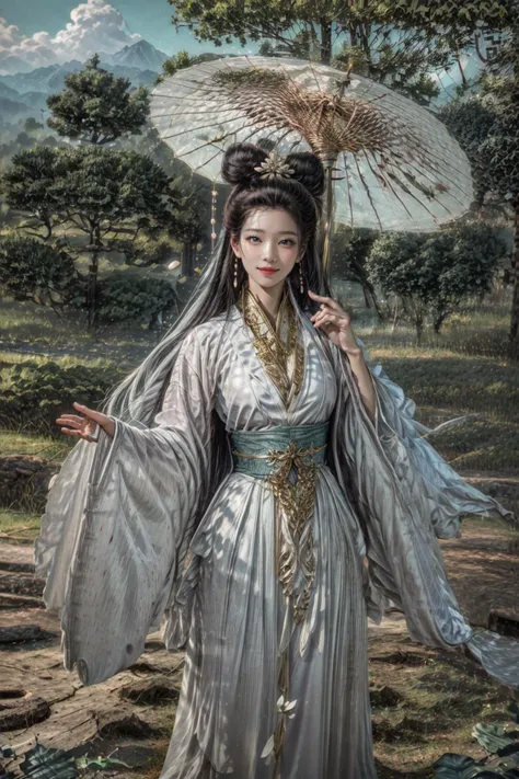 <(realistic:1.3), (photorealistic:1.4), best quality, masterpiece, ultra high res, finely detailed, quality, detailed background, detailed face, realistic lighting, photograph, (masterpiece:1.2), (photorealistic:1.2), (best quality), (detailed skin:1.3), (intricate details), raw photo>, BREAK, 1girl, solo, looking at viewer, 21 years old, korean cute girl, earrings, jewelry, realistic, portrait, lips, nose, long hair, brown hair, medium breasts, (warm smile, smile, cute smile, smiling, happy expression, blush, Pink lips, Pink lip colour, closed mouth, blue eyes, light smile, Happy, Proud:1.1),(at Dawn, at Golden hour, at Sunrise, Clear skies, Meadow, Sun, Clouds, Starlight, River, Bridge, Bamboo, Autumn, Spring, Serenity, Walking trail:1.2), brilliant colors, (explosive light and shadow:1.2), (hand of Guido Daniele:1.4), (Baisuzhen, white hanfu, veil, (((Willow leaf))), ((floral background)), lake, boat, sky, sexy, slim, light particles, wallpaper, chromatic aberration:1.4), (A scene of a waterfall cascading down a high cliff amongst lush greenery, adorned by vibrant flowers, towering pines, and delicate bamboo groves, sakura, beautiful view, lush green mountains, winding rivers, misty atmosphere, solitary, intricate details, delicate features, verdant trees, blooming flowers, soft moss, deep forest, intricate leaves and vines, wisps of light, still pool of water, pristine, verdant green, A picturesque scene of a waterfall cascading down a high cliff amongst lush greenery, adorned by vibrant flowers, towering pines, and delicate bamboo groves:1.4), (goddess women, aura, most beautiful artwork in the world, atmosphere:1.2), (depth of field:1.4), (palace, a girl in hanfu, mountain, river, old tree, ornaments detailed, traditional clothes, water, chinese clothes, sash, tree, petals, hair ornament, floating hair, falling petals, flower, chinese traditional architecture, ancient art, chinese style, Chinese, lake background, chinese buildings, misty lake, ancient chinese background, after the rain, wet grass and trees, waterfall, flying splashes, flying petals, leaves, bloom, bloom effect, surrounded by heavy floating petal flow, petal, leaves falling from the tree, mountainous backdrop, authentic cultural experience, quiet whispers, hushed conversations, tranquil silence, crisp air, soulful melodies, a sense of belonging, bonding with nature, quiet reflection:1.3), (mountain background, forest, river in background, water reflection:1.3), (long legs:1.3), (impactful picture, joshua middleton comic cover art, hypermaximalist, instagram contest winner, fashion color scheme, trending on cgsociety, playful illustrations, imaginative overlays, artistic fusion, fantastical scenes, evocative narratives, striking visuals:1.3), (Glowing ambiance, enchanting radiance, luminous lighting, ethereal atmosphere, mesmerizing glow, evocative hues, captivating coloration, enchanting aura, melanchonic soft light, photorealistic faces:1.4), (floating hair, bloom, bloom effect, random patterns, energetic movement, bold colors, dynamic texture, spontaneous creativity:1.2), (outdoors, landscape, breeze, ethereal, scenery, nature, wind:1.2), (colorful refraction, iridescent colors, Iridescence:1.2), (Luminescent Particles:1.3), (eye focus, face focus, character focus, close-up face:1.3), (dynamic pose, dynamic angle, dutch angle, cowboy shot:1.4), official art, ultra detailed, beautiful and aesthetic, beautiful, (zentangle, mandala, tangle, entangle), (ecstasy of flower:1.2), the most beautiful form of chaos, elegant, a brutalist designed, vivid colours, romanticism, atmospheric, (full body:1.1), warm tone, soft light, (narrow waist:1.4), dynamic pose, reflection, (refraction:1.4), (hyperrealism:1.4), BREAK, <film grain, film, F/1.8, made of Bone, delicate, unreal engine, artstation, anime key visual, Ultrarealistic, Peaceful, Hopeful, Kodak Ektar, 80mm, Neoclassicism, rim light, Selective focus, Detailed illustration, Lens Flare, short lighting, Cinestill, behance HD, layered textures, sketch, moody lighting, Oversaturated, overlapping compositions, Vaporwave Art, Rembrandt lighting, extremely detailed CG Unity 8k wallpaper, Velvia, dramatic lighting, Accent lighting, Lomography, specular lighting, Screen print, Technicolor, opulent, contest winner, hair light, hearthstone artwork, cinematic, absurdres, dramatic, ray tracing, Polaroid, Instagram, broad lighting, film camera, Circular polarizer, UHD, dslr, Sony A7, Kodak gold 200, Flickr, drawing, close up, Nikon D5, ultra sharp, key visual, surreal, PBR Texturing, Anisotropic Filtering, Albedo And Specular Maps, Multi-Layered Textures, Surface Shading, Sub-Pixel Convolution, Accurate Simulation Of Light-Material Interaction, blurry foreground, volumetric light effect, perfectly defined features, volumetric lighting, Tone Mapping, Lumen Reflections, Global illumination, Ray Tracing, Screen Space Global Illumination, Accent Lighting, 32k, Natural Lighting, volumetric, Rule of thirds, high dynamic range, Multi-exposure HDR capture, atmospheric perspective, 4k textures, professional color grading, professional color correction, aerial perspective, dynamic lighting, sharp details, bold hues, atmospheric depth, aesthetics, intricate designs, ultra realistic digital art, (fractal art), elegant, vivid colours, floating particles, particles, epic, (ink drawing, oil painting detailed), huge filesize, 8k uhd, trending on artstation, award-winning glamour photograph, highly detailed photo, Amazing, analog, digital painting, concept art, Oil Painting, illustration, Classical art, Renaissance, Romanticism, Neoclassicism, Color Palette, depth and contrast, Vibrant colors, saturated, rich saturation, color harmony, vivid palette, concept-art, design style, detail character, concept render, colorful, analog photography, dreamy atmosphere, specular highlights, atmospheric lighting, (shiny, clothes reflecting light, lens flare, bloom effect, light particle, lens glare:1.3), realistic light, realistic lighting, light in the face, soft lighting, saturated colors, detailed background, sharp focus, 8k high definition, perspective, Master Composition, roughness, post-processing, soft shadows, realistic shadows, ambient occlusion, ray-tracing, subsurface scattering, photon mapping, physically-based rendering, octane rendering, unreal engine 5, ue5 rendering, Adobe After FX, dslr, RTX, Best character details, radiosity, sharp, antialiased, (((Photographed by Roger Deakins, using a RED Monstro 8K VV camera))), ((Hasselblad photography)), ((Fujifilm X-T5)), professional photograph, diffuse lighting, two tone lighting, high resolution scan, professionally color graded, photographic reality, automatic white balance, best lighting, detailed shadow, high contrast>, (PureErosFace_V1:0.4), (ulzzang-6500:0.6), <lora:epiNoiseoffset_v3:2>, <lora:add_detail:0.6>, <lora:hipoly_3dcg_v7-epoch-000012:0.6>, (kbxll:0.6), <lora:more_details:0.6>, <lora:Baisuzhen_v1:0.8>, <lora:GoodHands-beta2:1>