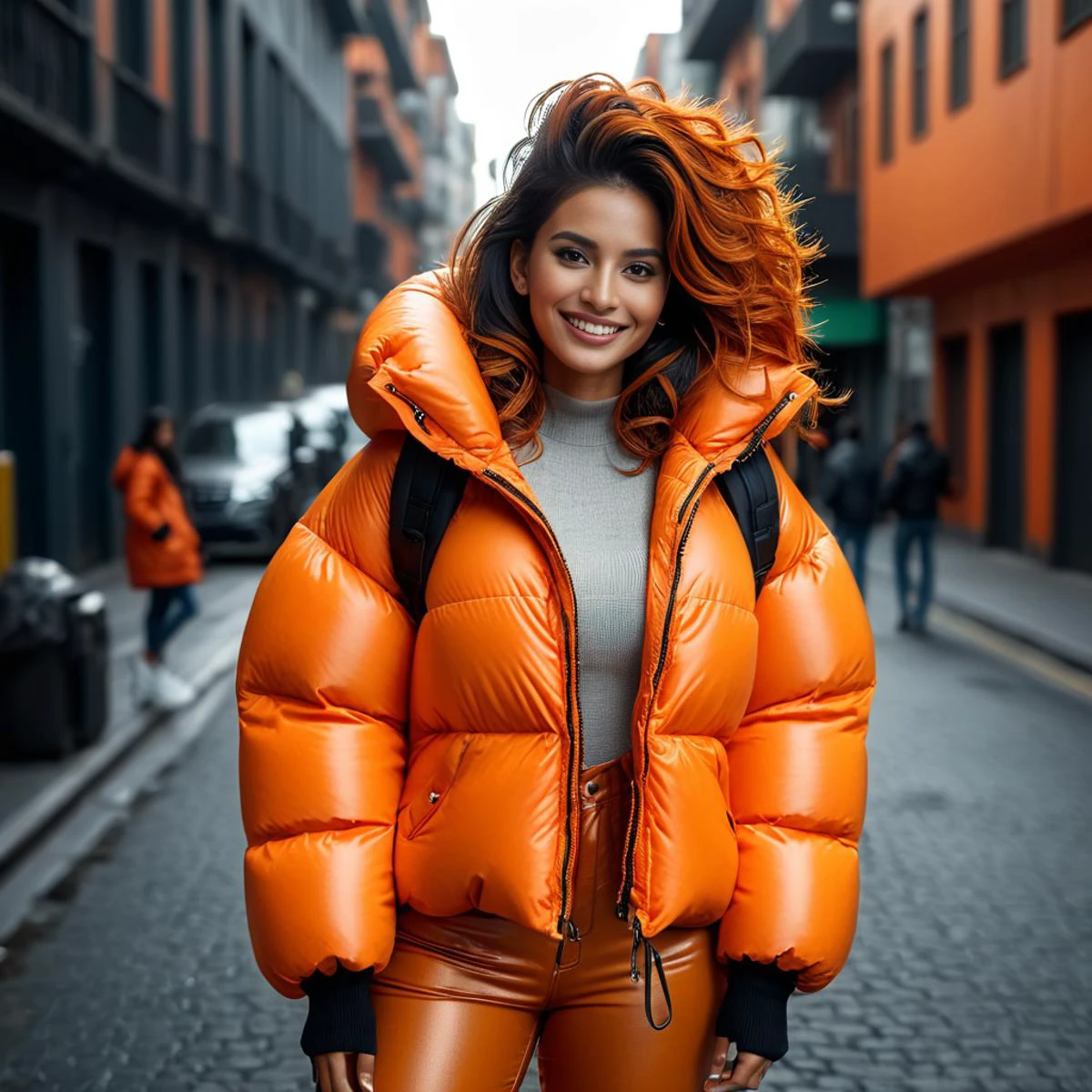 dark cinematic still with dark vibes, full body shot of overalls south american women wearing an dark orange extra_puffy_jacket, unique hair styles, looking at the camera, shallow depth of field, 8k uhd, dslr, high quality, photorealistic, realism, hyperrealism,
, rundown city scene
<lora:Puffer_Jacket_and_Down_Jacket_-_Extra_Puffy_Jackets:0.5>, smiling