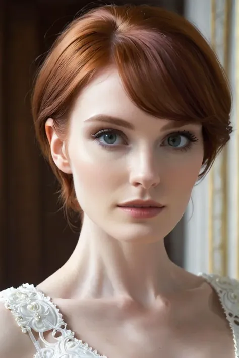 evelynnobodysd15, slender, perfect face, short auburn hair, posing in a white ornate manor<lora:é­ <lora:add-detail-xl:1> <lora:DetailedEyes_V3:1>