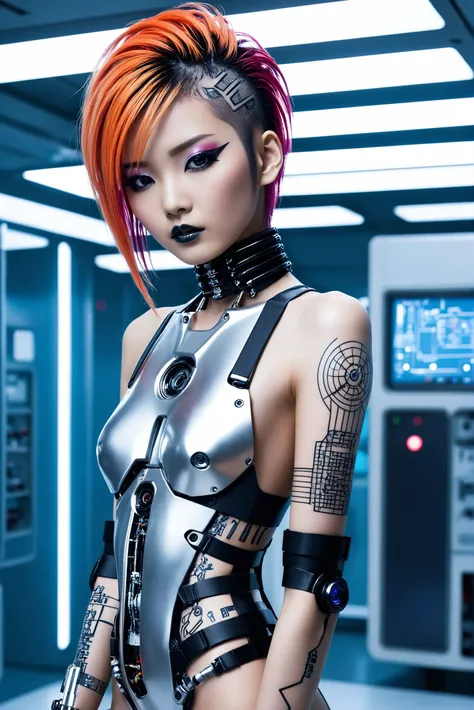 Fashion editorial style cybernetic style breathtaking japanese girl cyborg with excessive makeup, punk hair, tattoos, choker, seductive pose, in a futuristic science lab, (full body:1.2) . award-winning, professional, highly detailed . futuristic, technological, cybernetic enhancements, robotics, artificial intelligence themes . High fashion, trendy, stylish, editorial, magazine style, professional, highly detailed