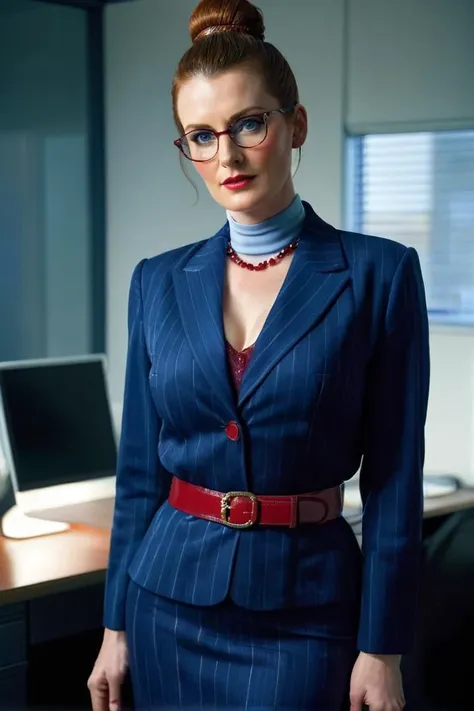 a mature woman with auburn hair styled in a high bun, conservative glasses, hoker necklace with a ruby pendant, a blue pinstriped suit jacket open at the neckline, a strict black mini skirt, sheer red stockings,wide waist belt, blue eyes, huge breast, pale skin, freckles, in an office by night, 90s flash photo <lora:add-detail-xl:1> <lora:DetailedEyes_V3:1>