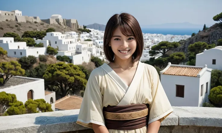 a professional photograph greece cityscape in the background,(cinema greece view:1.3) with a beautiful japanese girl in a delicate Ancient costume,dark brown short straight hair,happy smile