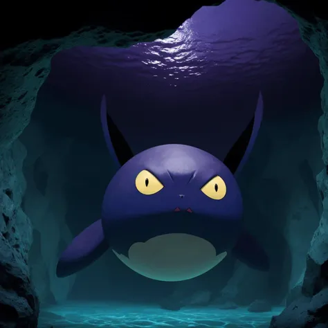 sugimori ken \(style\), picture of a psychic pokemon \(creature\), face, glowing eyes, dark energy, in an underwater cave, shadow type, darkness type, <lora:Undi_POKEGEN_252:1> (masterpiece:1.2), best quality, (best illustration), (best shadow), (vaporeon, fish:0.5)