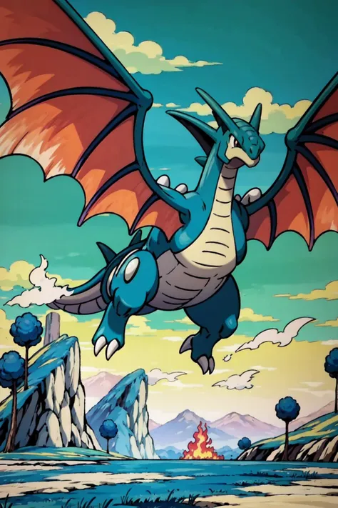 8k, best quality, masterpiece:1.2, finely detailed, detailed illustration,intricate,namek,green sky,blue grass, tree,cloud,pokemon \(creature\),a (fire type:1.2) dragon type pokemon,wings,flying, green water