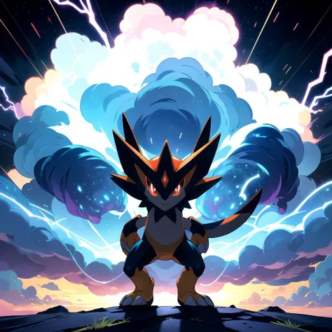 highres, masterpiece, sugimori ken \(style\), pokemon \(creature\), picture of a yellow mega pokemon electrik type pokemon, thunder, outside, cloud, thunderstrom, solo, tornado, red eyes, glowing tail