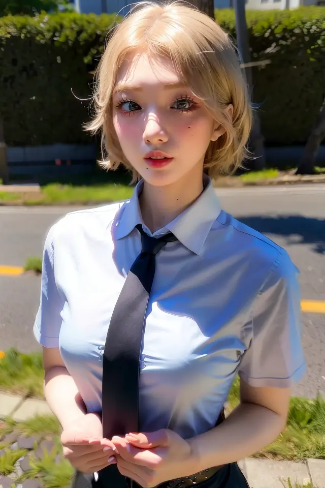masterpiece, best quality, lifelike texture, award winning photo, nikon RAW photo, 8k, Fujifilm XT3, photorealistic, detailed face, perfect eyes, collared shirt, tie, outdoors, urban, sunlight, bangs, short blonde hair, looking at viewer, a photo of petite short imyeojin korean woman <lora:yeojinOTW_v1:1> <lora:theovercomer8sContrastFix_sd15:0.4>