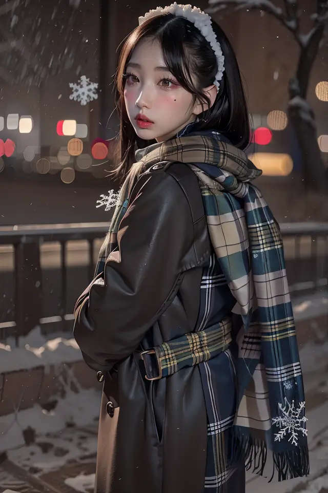 masterpiece, best quality, nikon RAW photo, 8k, Fujifilm XT3, photorealistic, (detailed face:1.2), perfect eyes, long black hair, scarf, trenchcoat, earmuffs, snow, bokeh, (snowflakes:1.2), cool lighting, an upper body photo of skinny petite imyeojin korean woman <lora:yeojinOTW_v1:1>