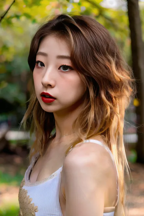 (best quality:1.2), lifelike texture, analog photo, perfect eyes, glossy lips, photorealistic, intricate details, dramatic lighting, (detailed face:1.2), messy hair, brown and blonde hair, white crop top, parted lips, outdoors, park, sunlight, ((imyeojin)) <lora:yeojinOTW_v1:1>