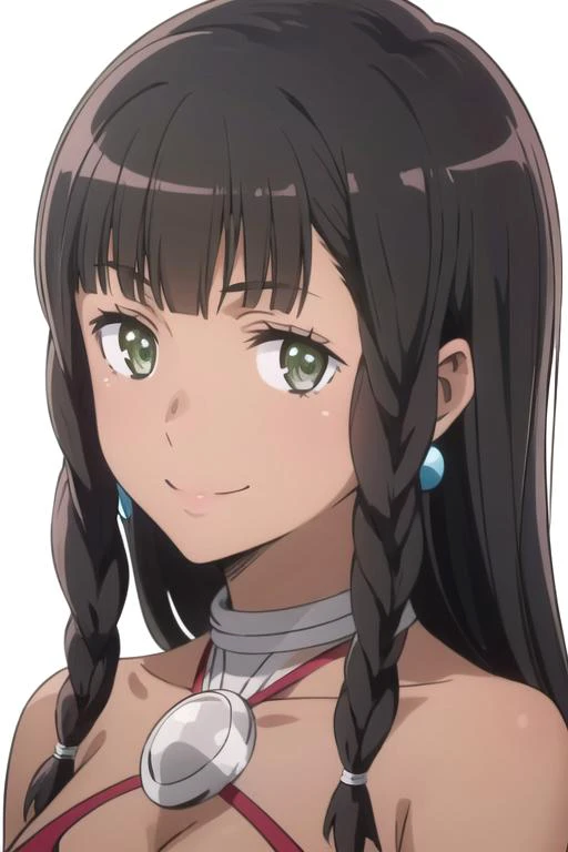 solo, 1girl, looking at viewer, 2D, anime, anime coloring, upper body, (simple background, solid white background:1.3), <lora:tione-danmachi:0.8>, tione hiryute, jewelry, smile