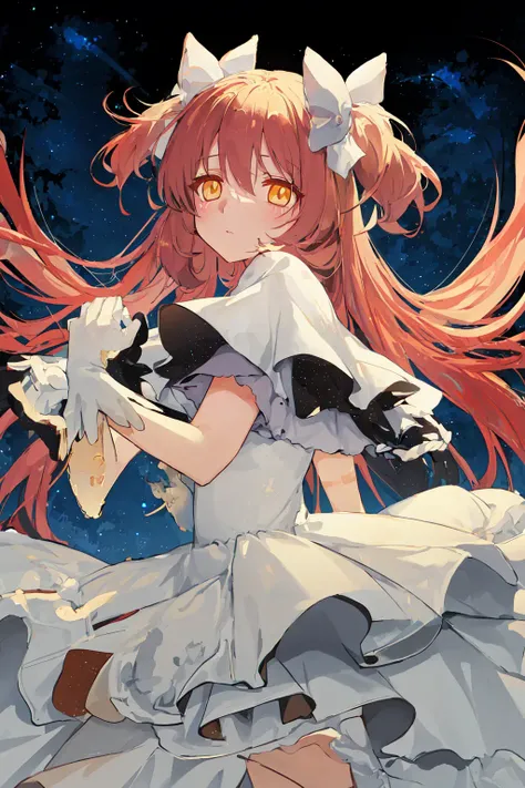 masterpiece, ultimate madoka,yellow eyes, white dress,night sky<lora:ultimate-madaka:1:MIDD>