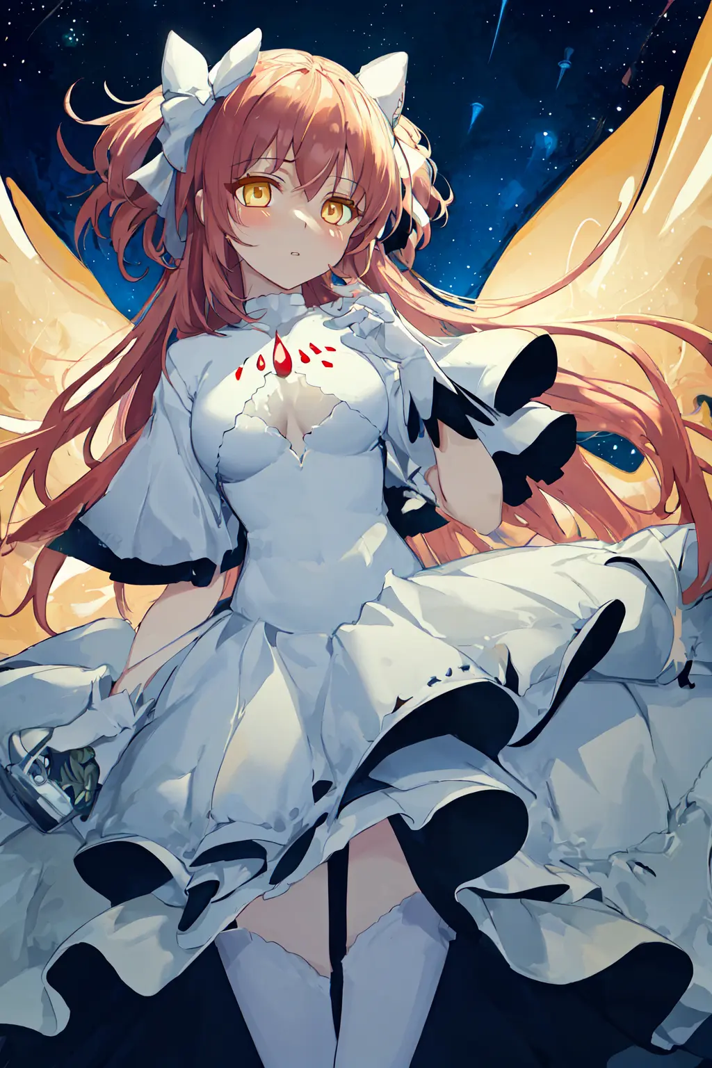 masterpiece, ultimate madoka,yellow eyes, white dress,night sky<lora:ultimate-madaka:1:MIDD>