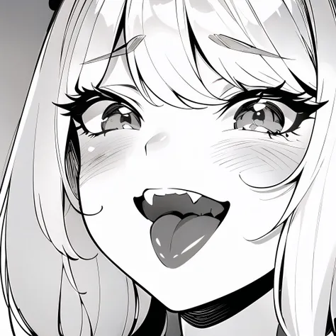 (masterpiece, best quality, ultra-detailed, best shadow), (detailed background), (beautiful detailed face)(best illumination, an extremely delicate and beautiful), cinematic light, hyper detail, dramatic light, intricate details,
greyscale,
portrait, 1girl, tsurime,
big mouth,open mouth,tongue out, <lora:mesugakiSmile_v10:0.7>,mesugaki,smile,