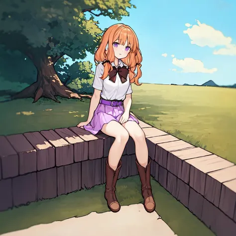 (masterpiece, best quality, floppy ears:1.4), paniel_head, paniel_ears, paniel_hairstyle, paniel_body, paniel_tail, 1girl, solo, white shirt, blonde orange hair, purple skirt, black bow, dark brown belts, boots, outdoors, sitting, <lora:panielv1.2-000003:0.7>
