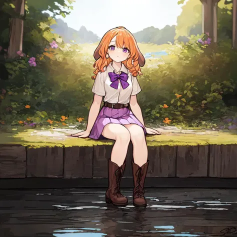 (masterpiece, best quality, floppy ears:1.4), paniel_head, paniel_ears, paniel_hairstyle, paniel_body, paniel_tail, 1girl, solo, white shirt, blonde orange hair, purple skirt, black bow, dark brown belts, boots, outdoors, sitting, <lora:panielv1.2-000003:0.7>