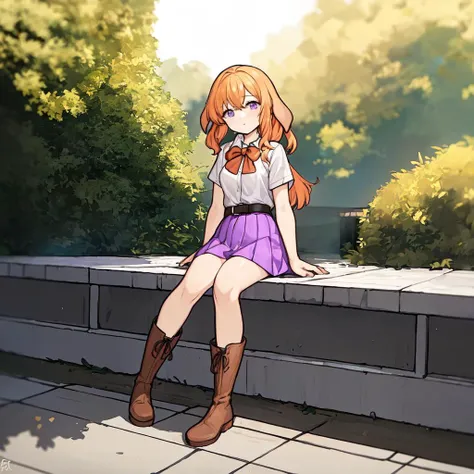(masterpiece, best quality, floppy ears:1.4), paniel_head, paniel_ears, paniel_hairstyle, paniel_body, paniel_tail, 1girl, solo, white shirt, blonde orange hair, purple skirt, black bow, dark brown belts, boots, outdoors,  sitting, <lora:panielv1.2-000003:0.7>