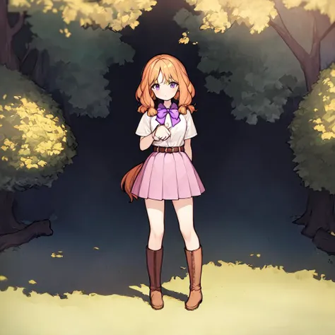 (masterpiece, best quality, floppy ears:1.4), paniel_head, paniel_ears, paniel_hairstyle, paniel_body, paniel_tail, 1girl, solo, white shirt, blonde orange hair, purple skirt, black bow, dark brown belts, boots, outdoors, standing, <lora:panielv1.2-000003:0.8>