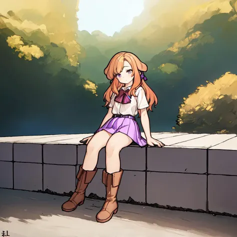 (masterpiece, best quality, floppy ears:1.4), paniel_head, paniel_ears, paniel_hairstyle, paniel_body, paniel_tail, 1girl, solo, white shirt, blonde orange hair, purple skirt, black bow, dark brown belts, boots, outdoors, sitting, <lora:panielv1.2-000004:0.8>