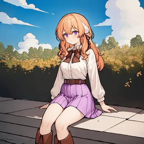 (masterpiece, best quality, floppy ears:1.4), paniel_head, paniel_ears, paniel_hairstyle, paniel_body, paniel_tail, 1girl, solo, white shirt, blonde orange hair, purple skirt, black bow, dark brown belts, boots, outdoors, <lora:panielv1.2-000004:0.8>