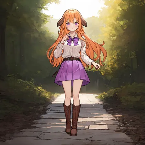 (masterpiece, best quality, floppy ears:1.4), paniel_head, paniel_ears, paniel_hairstyle, paniel_body, paniel_tail, 1girl, solo, white shirt, blonde orange hair, purple skirt, black bow, dark brown belts, boots, outdoors, standing, <lora:panielv1.2-000003:0.7>