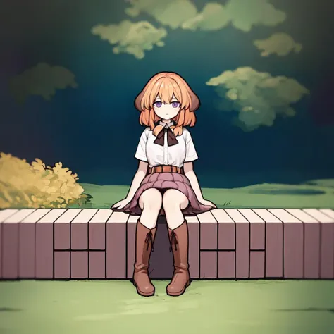 (masterpiece, best quality, floppy ears:1.4), paniel_head, paniel_ears, paniel_hairstyle, paniel_body, paniel_tail, 1girl, solo, white shirt, blonde orange hair, purple skirt, black bow, dark brown belts, boots, outdoors, sitting, <lora:panielv1.2-000004:0.8>