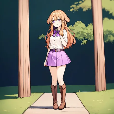 (masterpiece, best quality, floppy ears:1.4), paniel_head, paniel_ears, paniel_hairstyle, paniel_body, paniel_tail, 1girl, solo, white shirt, blonde orange hair, purple skirt, black bow, dark brown belts, boots, outdoors,  standing, <lora:panielv1.2-000004:0.7>