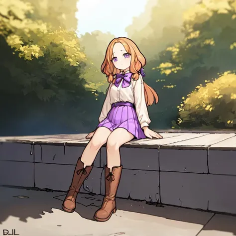 (masterpiece, best quality, floppy ears:1.4), paniel_head, paniel_ears, paniel_hairstyle, paniel_body, paniel_tail, 1girl, solo, white shirt, blonde orange hair, purple skirt, black bow, dark brown belts, boots, outdoors, sitting, <lora:panielv1.2-000003:0.8>
