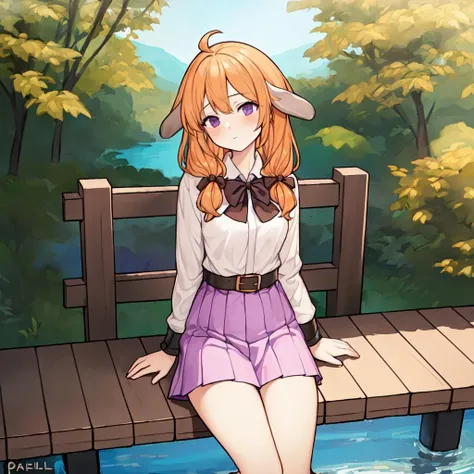 (masterpiece, best quality, floppy ears:1.4), paniel_head, paniel_ears, paniel_hairstyle, paniel_body, paniel_tail, 1girl, solo, white shirt, blonde orange hair, purple skirt, black bow, dark brown belts, boots, outdoors, <lora:panielv1.2-000004:0.7>