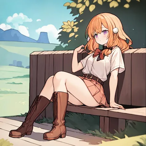 (masterpiece, best quality, floppy ears:1.4), paniel_head, paniel_ears, paniel_hairstyle, paniel_body, paniel_tail, 1girl, solo, white shirt, blonde orange hair, purple skirt, black bow, dark brown belts, boots, outdoors,  <lora:panielv1.2-000004:0.7>