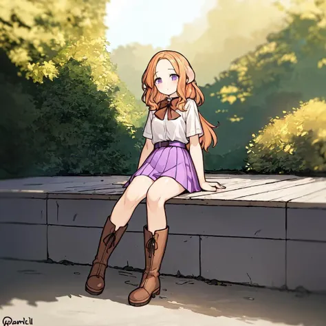 (masterpiece, best quality, floppy ears:1.4), paniel_head, paniel_ears, paniel_hairstyle, paniel_body, paniel_tail, 1girl, solo, white shirt, blonde orange hair, purple skirt, black bow, dark brown belts, boots, outdoors, sitting, <lora:panielv1.2-000004:0.7>