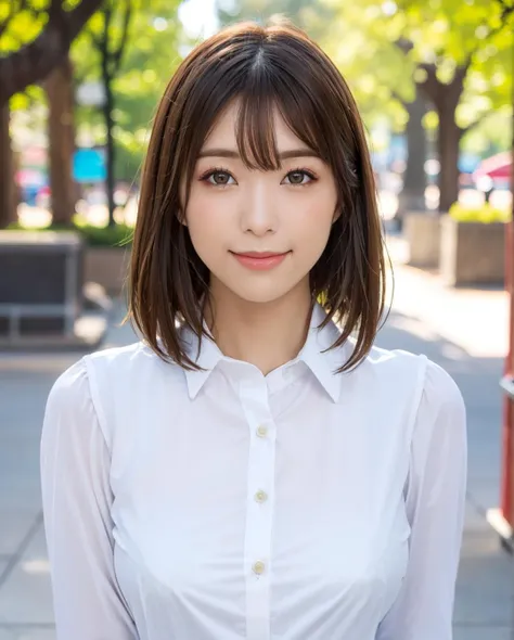 best quality, photorealistic, 8k, high res, full color, 1girl, woman, 20 years old woman, (smile), (skindentation), (portrait:0.6), trees, park bench, daylight, ((park background:1.52)), full color, ((whitebuttonedshirt:1.58)), looking at viewer:1.8, (1girl eyes looking at viewer:1.55), (medium hair, brownhair, partedbangs:1.45), (bokeh), <lora:AAV-mai:0.69>