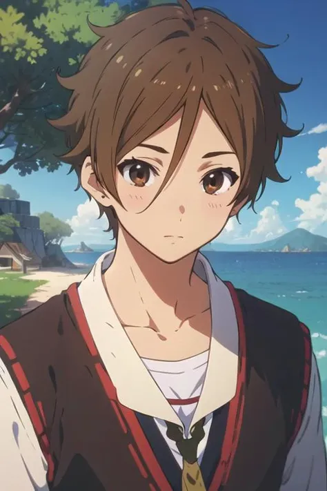masterpiece, best quality, illustration, 1boy, solo, male focus, looking at viewer, upper body, , anime coloring, realistic, <lora:mochizou_ooji:0.66>, mochizou_ooji, brown hair, brown eyes, king costume, neverland: A lost island where children can stay forever young, 8k resolution