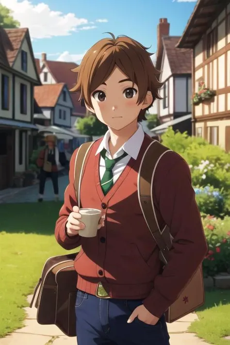 masterpiece, best quality, game cg, 1boy, solo, male focus, looking at viewer, , , anime coloring, , <lora:mochizou_ooji:0.68>, mochizou_ooji, brown hair, brown eyes, leprechaun costume, village,