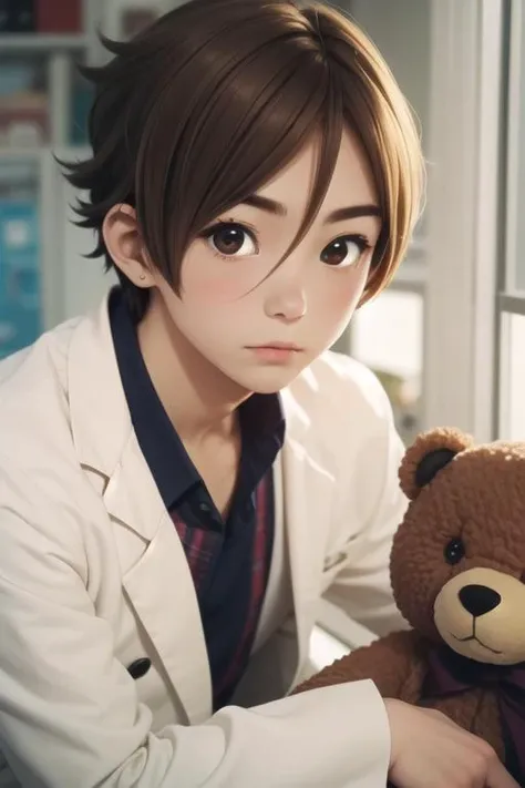 masterpiece, best quality, wallpaper, 1boy, solo, male focus, looking at viewer, , , anime coloring, , <lora:mochizou_ooji:0.74>, mochizou_ooji, brown hair, brown eyes, teddy bear costume, hard science fiction,