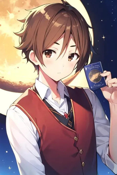 masterpiece, best quality, illustration, 1boy, solo, male focus, looking at viewer, upper body, depth of field, , , <lora:mochizou_ooji:0.68>, mochizou_ooji, brown hair, brown eyes, renaissance costume, moon, HD-DVD