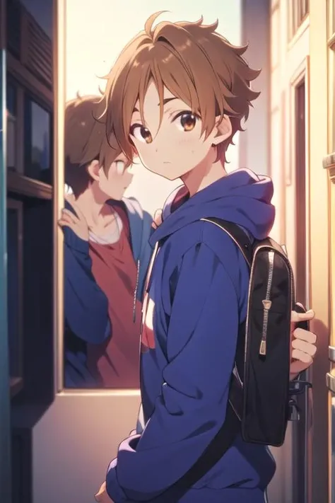 masterpiece, best quality, , 1boy, solo, male focus, looking at viewer, , depth of field, , , <lora:mochizou_ooji:0.72>, mochizou_ooji, brown hair, brown eyes, hoodie, , The City of Mirrors, Blu-ray