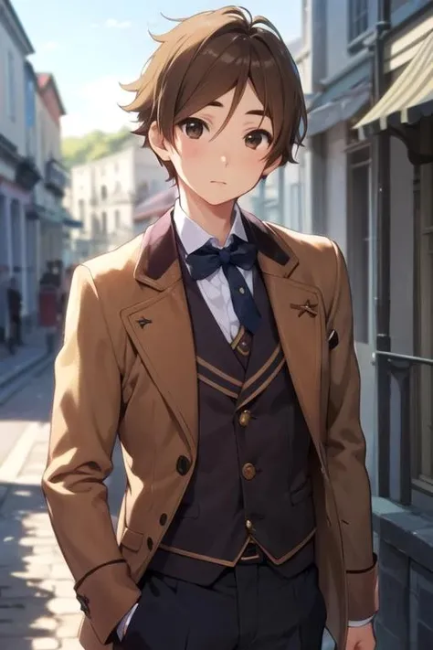 masterpiece, best quality, , 1boy, solo, male focus, looking at viewer, , depth of field, , realistic, <lora:mochizou_ooji:0.66>, mochizou_ooji, brown hair, brown eyes, french costume, The Isle of Doom,