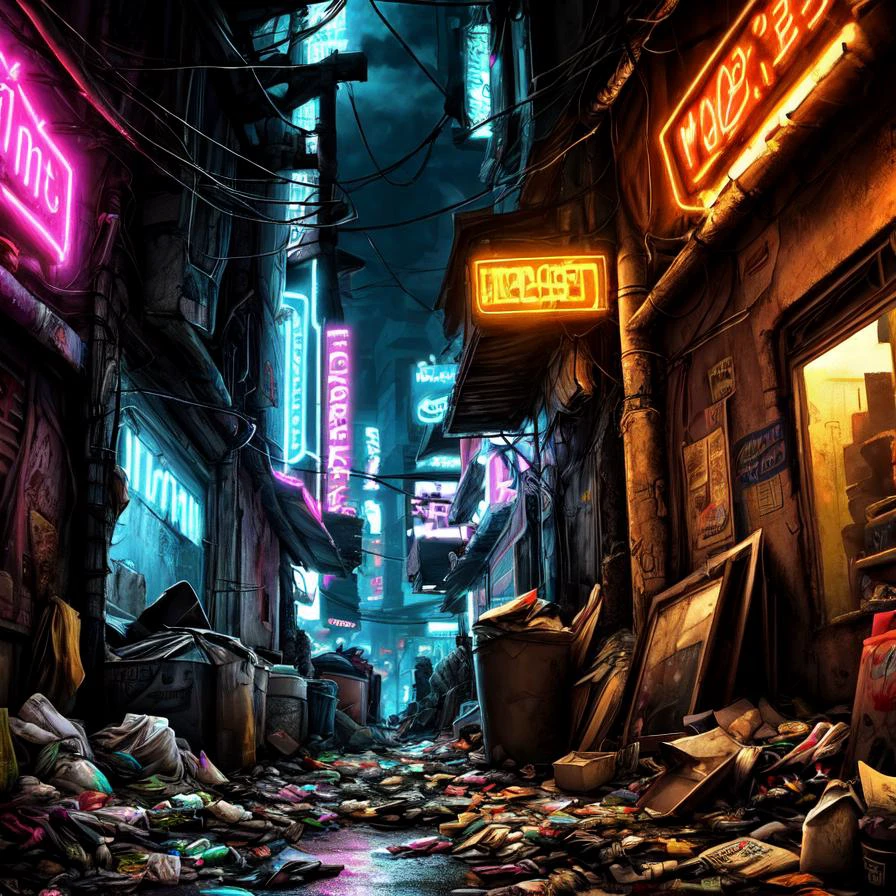 scenery, cyberpunk slums, neon lights, garbage, (masterpiece:1.2), best quality, Masterpiece realistic, best high quality, perfect details, intricate details, nice lighting, detailed background,<lora:add_detail:1.0>