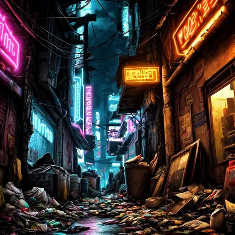 scenery, cyberpunk slums, neon lights, garbage, (masterpiece:1.2), best quality, Masterpiece realistic, best high quality, perfect details, intricate details, nice lighting, detailed background,<lora:add_detail:1.0>