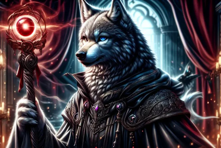 1 male wolf, dark fantasy, mythology, and science-fiction, orbstaff, <lora:Furtastic_Detailer:0.8>, <lora:more_details:0.8>, Masterpiece realistic, best high quality, perfect details, intricate details, nice lighting, detailed background<lora:1.5_Weapon_Orbstaff_-_By_HailoKnight:1.0>