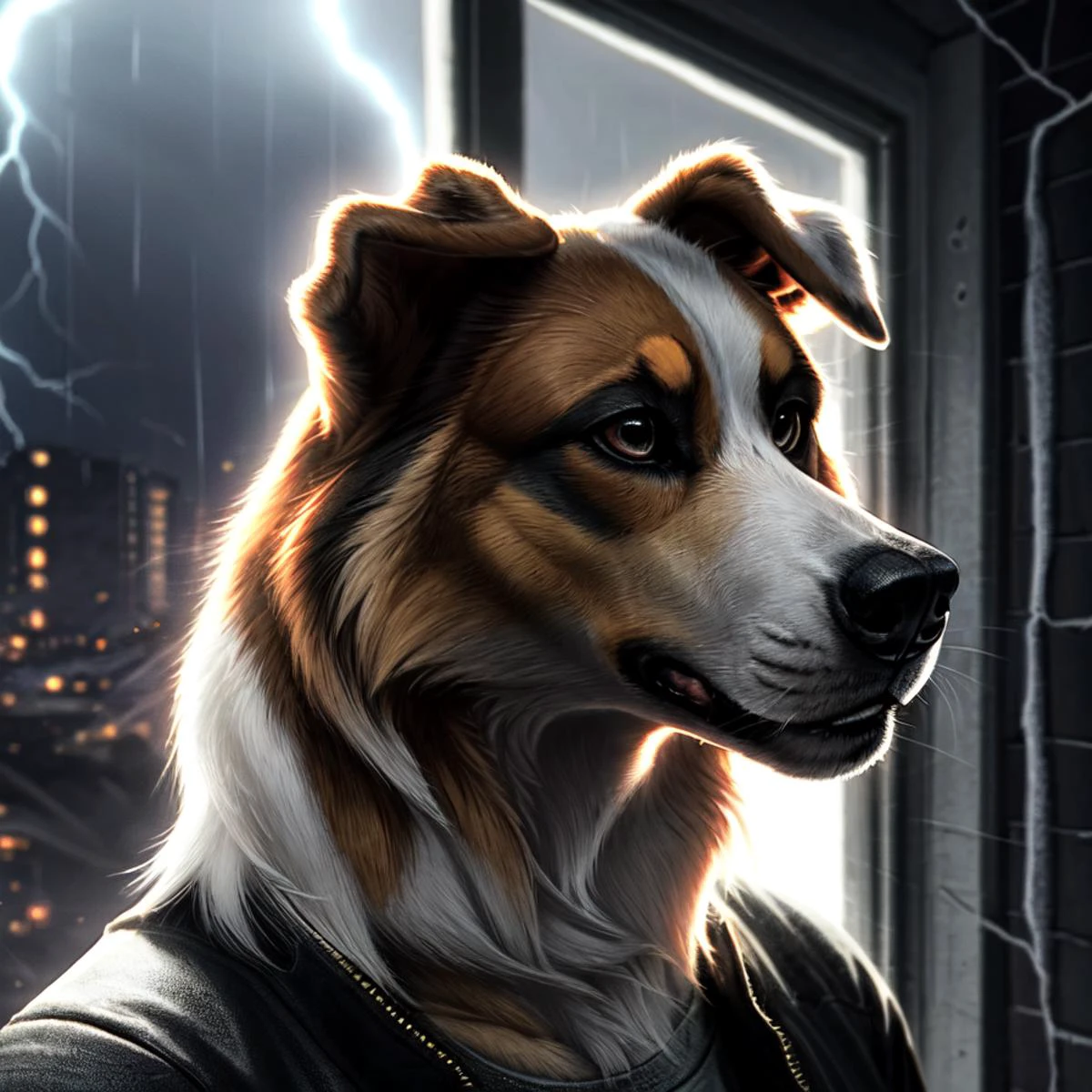 Anthro male (((rough collie))) with cyberpunk enhancements. In a old rundown cyberpunk house looking outside the window. Lightning strike in the background lighting up the background with rain. Headshot, high detail, 8k
<lora:Trovao:0.6> <lora:Furtastic_Detailer:0.8>, Masterpiece realistic, best high quality, perfect details, intricate details, nice lighting, detailed background,