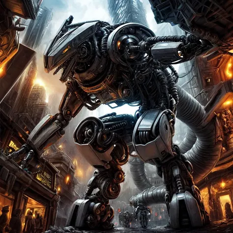 A robot in the drawing from H.R. Giger. In the middle of a massive mechanical city inspired by H. R. Giger., Masterpiece realistic, best high quality, perfect details, intricate details, nice lighting, detailed background,<lora:add_detail:1.0>