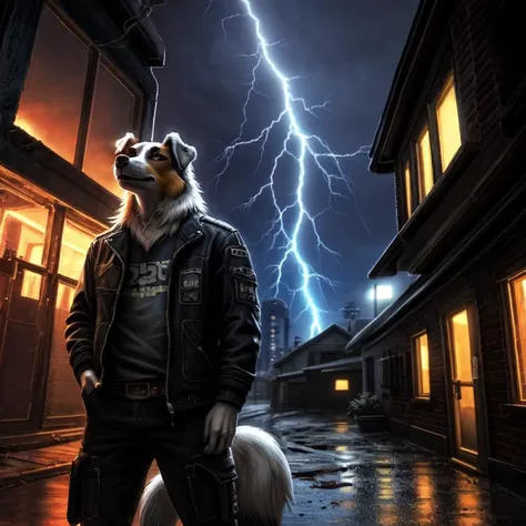 Anthro full body  male (((rough collie))) with cyberpunk enhancements. In a old rundown cyberpunk house looking outside the window. Lightning strike in the background lighting up the area, with rain outside. High details, 8k
 <lora:Trovao:0.6> <lora:Furtastic_Detailer:0.8>, Masterpiece realistic, best high quality, perfect details, intricate details, nice lighting, detailed background,