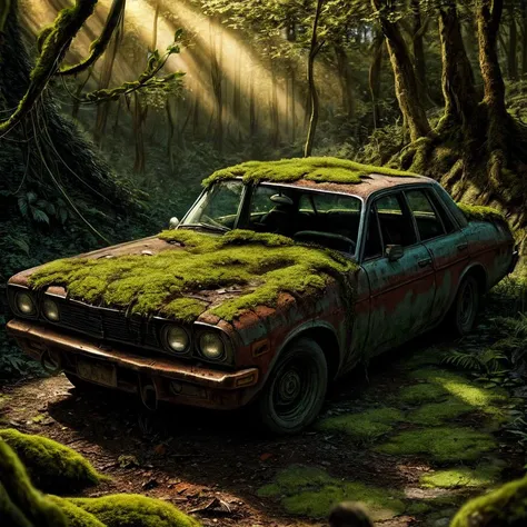a decayed cyberpunk car in a forest, rust, moss flowers, vines,, Masterpiece realistic, best high quality, perfect details, intricate details, nice lighting, detailed background,<lora:add_detail:1.0>