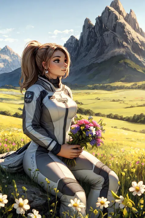 A mixed race woman in a grey space suit sitting in a tall grass, holding flowers, field, mountains in the background, warm palette, sunlight, amateur photo, film grain