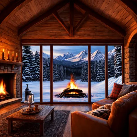 cozy fireplace, window, snow mountains in the background, Masterpiece realistic, best high quality, perfect details, intricate details, nice lighting, detailed background,<lora:add_detail:1.0>