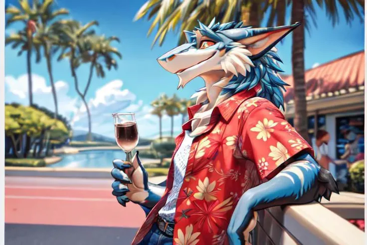 photo, Sergal at epcot, clothed, wearing Hawaiian shirt, anthro, furry, sfw, Epcot, BREAK, detailed background, high detail, film photography, RAW photo, analog style, polaroid, border, 35mm Zenit/Zeis lens, fluffity_v2