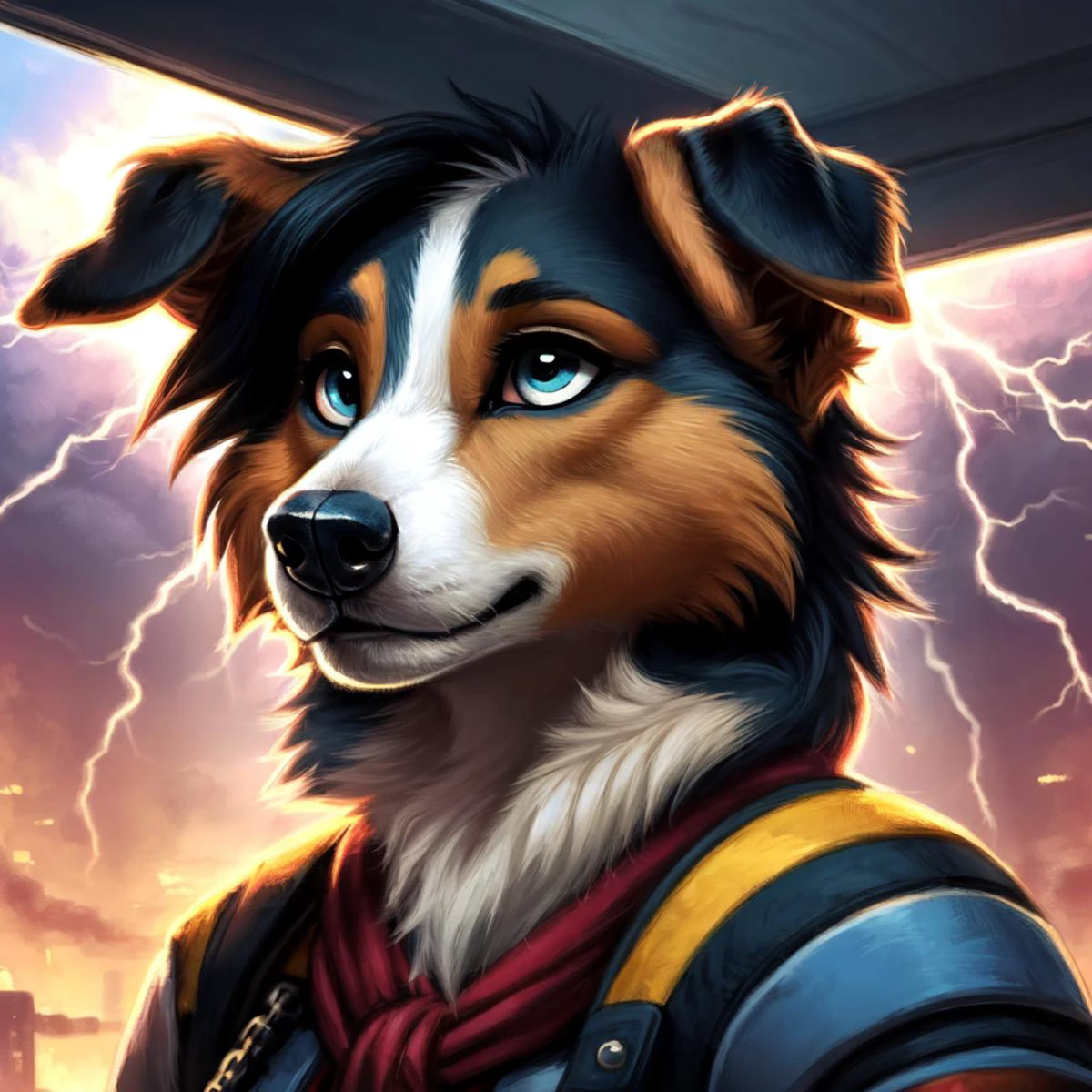 Anthro male (((rough collie))) with cyberpunk enhancements. In a old rundown cyberpunk house looking outside the window. Lightning strike in the background lighting up the background with rain. Headshot, high detail, 8k
<lora:Trovao:0.6> <lora:Furtastic_Detailer:0.8>, Masterpiece realistic, best high quality, perfect details, intricate details, nice lighting, detailed background,, cartoon-style art, superb linework, nice colors and composition, bold linework, close-up, (masterpiece), cute art by Dana Terrace, by Rebecca Sugar, by ry-spirit, amazing and wholesome cartoon-style art, cute art style, (trending on artstation)